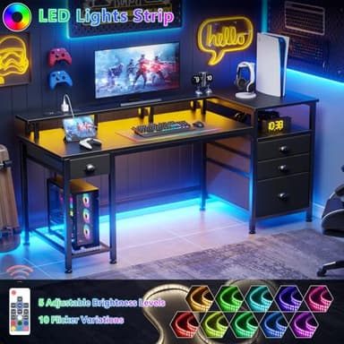 Furologee 60" Black Computer Desk with 4 Drawers and Printer Space, Gaming Desk with LED Lights and USB Power Outlets, Home Office Desk with Fabric File Cabinet,Study Work Table with Shelf for Bedroom - Image 7