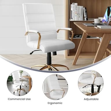 Flash Furniture Whitney Mid-Back Swivel LeatherSoft Desk Chair with Padded Seat and Armrests, Adjustable Height Padded Office Chair, White/Gold - Image 5