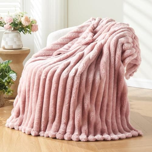 NEWCOSPLAY Super Soft Throw Blanket Pink Premium Silky Flannel Fleece 3D Ribbed Jacquard Lightweight Bed Blanket All Season Use (Pink Ribbed, Throw(50"x60")) - Image 1