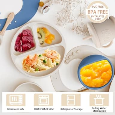 Munlinder Silicone Baby Feeding Set | Baby Led Weaning Supplies Includes Suction Bowls and Divided Plates, Adjustable Bib, Baby Utensils Spoons and Forks,Cup | Baby Feeding Essentials (Beige) - Image 3