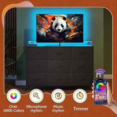 WLIVE Black TV Stand for 45, 50, 55 inch TV, Entertainment Center with LED Lights & Charging Station, TV Media Console Table with 9 Fabric Drawers and Open Shelves for Living Room, Hallway, Wood Top - Image 4