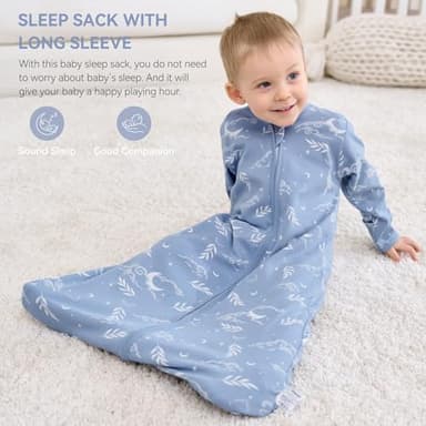 FIEMOL Baby Sleep Sack 6-12 Months, Long Sleeve Baby Wearable Blanket 0.5 Tog with Mittens, 2-Way Zipper Infant Cotton Sleeping Sack for Boy and Girl Blue Stars 2 Pack (Medium) - Image 2