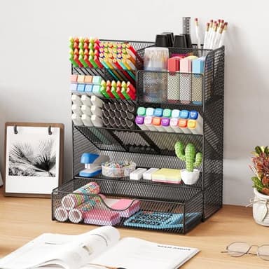 OPNICE Desk Organizers and Accessories, Pen Holder for Desk Organizer with Drawer, Pencil Holder Office Desk Accessories Workspace Desktop Organizer for School Home Office Art Supplies（Black） - Image 8