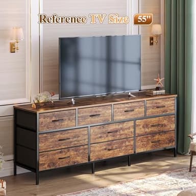 Huuger 63 Inch Dresser for Bedroom, Long Dresser with 10 Fabric Drawers, TV Stand for 55, 65, 70 Inch TV, Toy Storage Organizer for Closet, Rustic Brown - Image 3
