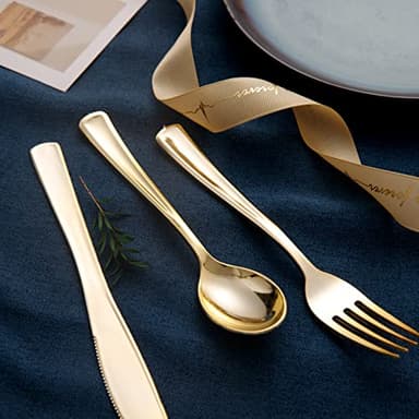 bUCLA 600 Pieces Gold Plastic Silverware - Disposable Gold Utensils - Heavyweight Plastic Cutlery set- 200 Forks, 200 Spoons, 200 Knives for Party & Thanksgiving - Image 2