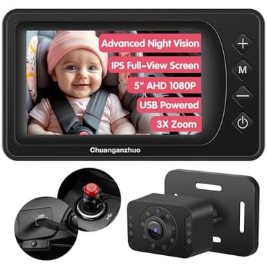 Chuanganzhuo Car Baby Camera with Advanced Night Vision, 3X Zoom, USB Powered, 5'' AHD 1080P IPS Crystal-Clear Car Baby Monitor, Backseat Camera for Kids Infants Rear Facing, S100U, 5inch Black - Image 1