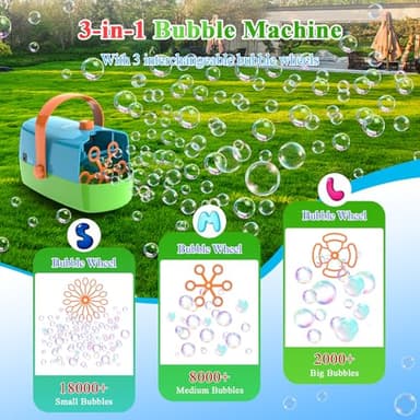 Wisdomlit Bubble Machine, 3-in-1 Bubble Maker, Automatic Bubble Blower with 3 Bubble Wands, 8000+ Colorful Bubbles for Kids Toddlers, Operated by Plug-in or Batteries for Indoor Outdoor Birthday Party - Image 3