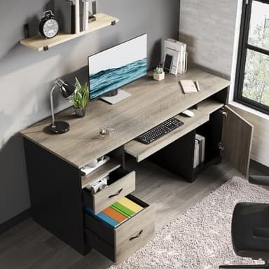 Bestier 59” Executive Desk with 2 Drawers, Computer Desk with Storage Cabinet, Industrial Wood Desk with File Drawer, Keyboard Tray & 2 Pedestals for Home Office & Studio, Gray - Image 3