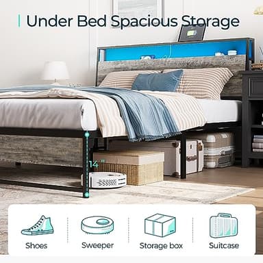 LINSY Queen Bed Frame with Ergonomic Headboard, Platform Metal Bed Frame with RGB Lights, Outlets & Charger, 45 Minutes Fast Assembly Bed Queen Size with Storage, No Box Spring Needed, Greige - Image 7