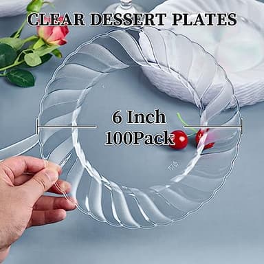 FOCUSLINE 100 Count 6 Inch Clear Plastic Plates, Disposable Heavy Duty Salad Dessert Plates- Premium Hard Plastic Plate Fancy Disposable Clear Plate for Weddings, Parties and Events - Image 4