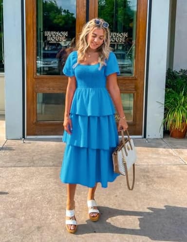 ZESICA Women's 2025 Summer Boho Midi Dress Short Puff Sleeve Flowy A Line Tiered Beach Vacation Long Dresses,Blue,X-Large - Image 4