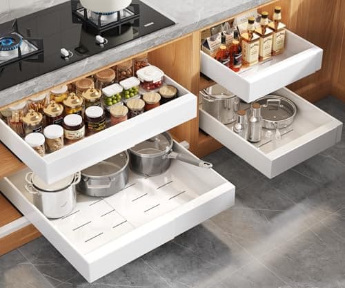 Seinloes 4 Pack Expandable Pull Out Cabinet Organizer 21"Deep With Raising Pad for Framed Cabinets,Upgrade 3 Slide Rails Slide Out Drawers,No Drill Roll Out Shelves,Adjustable Width 12.1"-20.4" White - Image 1
