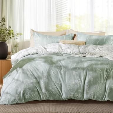 Bedsure Twin/Twin XL Comforter Set - Sage Green Bed Set, 2 Pieces Cute Floral Bedding, 1 Soft Reversible Botanical Flowers Comforter and 1 Pillow Sham - Image 1