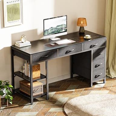 Huuger Computer Desk with 6 Drawers, 47 Inch Office Desk with Shelves, Reversible Gaming Desk, Corner Desk with Storage, Work Desk for Home Office, Study, Living Room, Black - Image 2