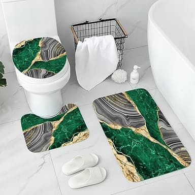 Gibelle 4 Pcs Marble Shower Curtain Set with Non-Slip Rugs, Toilet Lid Cover and Bath Mat, Luxury Emerald Green Bathroom Decor Set with Shower Curtain and Rugs and Accessories - Image 3