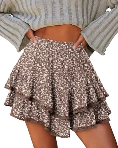 onlypuff Flowy Shorts for Women Ruffle Skorts Cute Mini Skirts Country Concert Outfits Coastal Cowgirl Coachella Outfits Tennis Skort Floral Brown XL - Image 2
