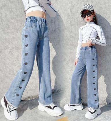 NABER Kids Girls Casual Wide Leg Denim Pants Heart Pattern Elastic Waist Jeans Size 4-14 Years (Blue2, 9-10 Years) - Image 2