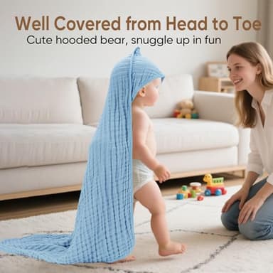 MIGIOL Muslin Hooded Baby Towels 100% Cotton ，Super Soft Muslin Baby Bath Towel - 32 x 32 Inches, Suitable for Newborn and Young Children up to 3 Years Old. (Light Blue & Dark Blue) - Image 2