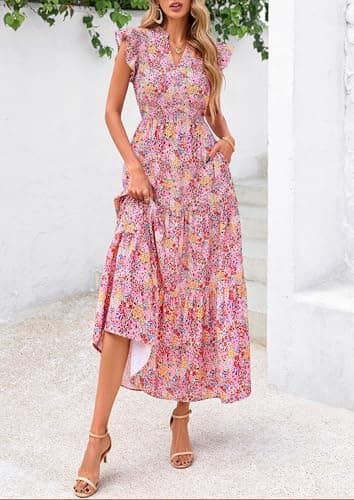 PRETTYGARDEN Women's 2025 Summer Floral Midi Dress Cap Sleeve V Neck Ruffle Long Flowy Boho Casual Beach Vacation Dresses (Floral Wine Red,Small) - Image 6
