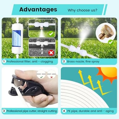 Misting System for Outside Patio 50Ft (15M), 15 Nozzles Outdoor Misting System, Backyard Water Mister Kit for Garden, Greenhouse, Umbrella, Gazebo, Trampoline - Image 5