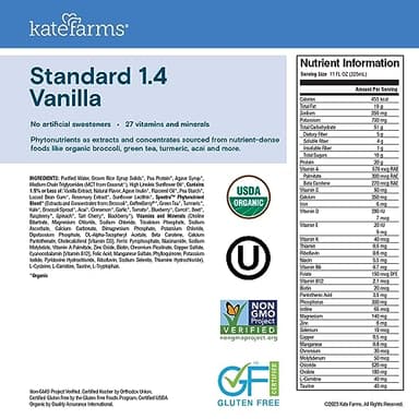 KATE FARMS Organic 1.4 High Calorie Nutrition Shake, Vanilla, 20g Protein, 27 Vitamins and Minerals, Meal Replacement, 11 oz (6 Pack) - Image 3