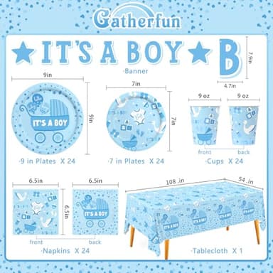 Baby Boy Shower Decorations for 24 Guests - It’s A Boy Decorations Kit Including Disposable Plates, Napkins, Cups, Tablecloth & Banner for Baby Shower Decorations Boy - Image 2