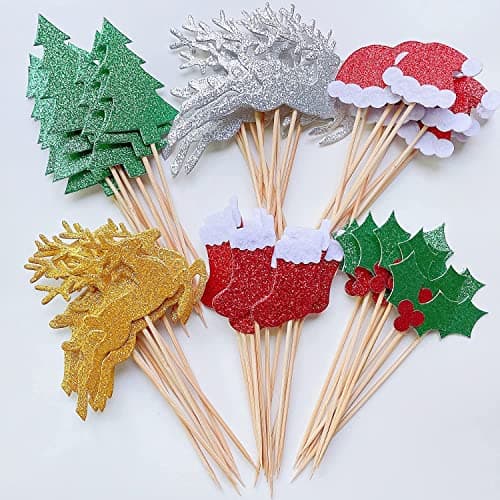 60Pcs Double Sided Christmas July Cupcake Toppers Glitter Cake Decors Toothpick Flags Santa Claus Tree Fruit Hats Socks Christmas Fawn Theme Party Cake Picks for Xmas in July Cake Decoration Supplies