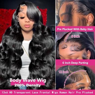 oveflect 34 Inch 13x6 Lace Front Wigs Human Hair 200 Density Body Wave HD Lace Front Wigs Human Hair Pre Plucked Natural Color Glueless Wig 100% Virgin Human Hair Lace Front Wigs for Women - Image 2