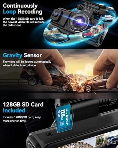 iiwey N7 3 Channel Dash Cam Front and Rear Inside 3K+1080P+1080P with 128GB SD Card, 5GHz WiFi, Rotatable Side Camera for Car, 24/7 Recording, IR Night Vision, G-Sensor, Parking Mode - Image 5