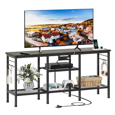 Furologee TV Stand with Power Outlets, Entertainment Center with Open Storage Shelves for TVs up to 55 Inch, Media Console Table with Soundbar Shelf for Living Room, Bedroom, Black Oak - Image 1