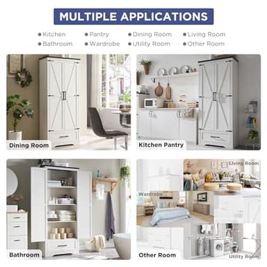 JXQTLINGMU Farmhouse Kitchen Pantry Cabinet - 72" Tall Wood Kitchen Storage Cabinets with Adjustable Shelves & 2 Barn Style Doors & Drawer, Versatile Storage for Dining Room, Bathroom, Antique White - Image 3