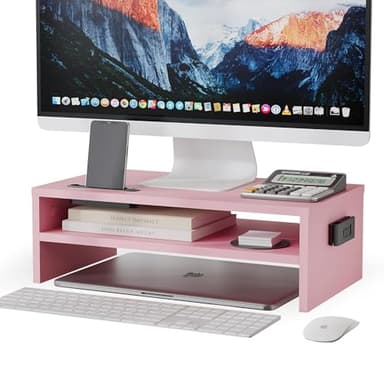 BONTEC Wooden Monitor Stand Riser, 2-Tier Desk Shelf with Storage Organizer, Ergonomic Computer Stand with Cable Management, Cellphone Holder, Pink, 16.5 Inch - Image 1
