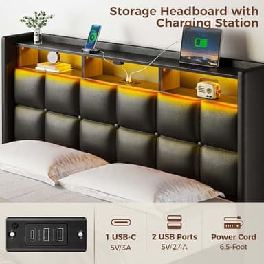 Rolanstar Bed Frame Full Size with Lift Up Storage, Charging Station & LED Lights, Upholstered Storage Headboard, Heavy Duty Wooden Slats, No Box Spring Needed, Noise Free, Easy Assembly, Black - Image 5