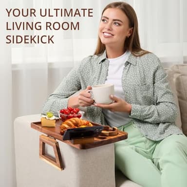 Premium Acacia Wood Sofa Arm Tray Table for Couch | Clip on Food Tray for Wide Armrest | Anti-Slip Wooden Armchair Folding Table for Drinks and Snacks, Remote Controls, Phone, TV Dinners (Deluxe) - Image 6