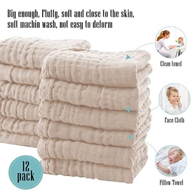 Cute Castle 12 Pack Muslin Burp Cloths for Baby - Ultra-Soft 100% Cotton Baby Washcloths - Large 20'' by 10'' Super Absorbent Milk Spit Up Rags - Burpy Cloths for Unisex, Boy, Girl - Brown - Image 5