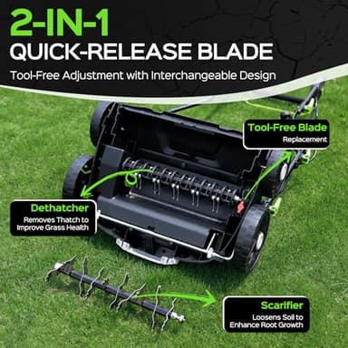 TIECTOWN 16-Inch 15.5 Amp 2-in-1 Electric Dethatcher and Scarifier with 14.5-Gallon Removable Thatch Collection Bag, Lawn Dethatcher with 5-Position Depth Adjustment, Quick-Fold, Keeps Lawn Healthy - Image 3