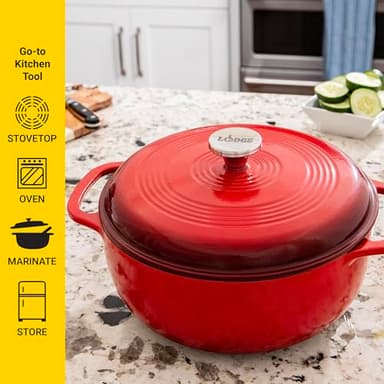 Lodge 6 Quart Enameled Cast Iron Dutch Oven with Lid – Dual Handles – Oven Safe up to 500° F or on Stovetop - Use to Marinate, Cook, Bake, Refrigerate and Serve – Island Spice Red - Image 4