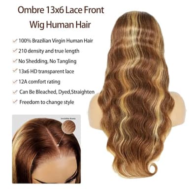 Agairl Real Human Hair Wig 30 Inch Ombre 13x6 Lace Front Wig Human Hair 210% Density 4/27 Highlight Wigs Honey Blonde Body Wave Lace Front Wig Pre Plucked HD Frontal Wig Glueless Wigs - Image 3