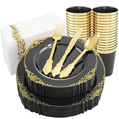 Nervure 175pcs Clear Black Plastic Plates - Gold Plastic Dinnerware Set for 25 Guests include 50 Disposable Plates,75 Gold Silverware,25 Cups,25 Napkins Perfect for Party&Independence Day - Image 1