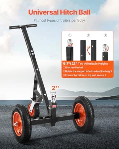 VEVOR Trailer Dolly, 1000lbs Tongue Weight Capacity, Carbon Steel Trailer Mover with 16.7 inch and 22 inch Height Adjustable Trailer Dolly, 2 inch Ball, 14 inch Pneumatic Tires, for Moving RV Trailer - Image 3