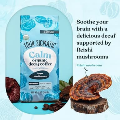 Four Sigmatic Calm Organic Decaf Ground Coffee | Swiss Water Decaf Coffee with Chaga & Reishi Mushroom Extracts | 12oz Bag - Image 4