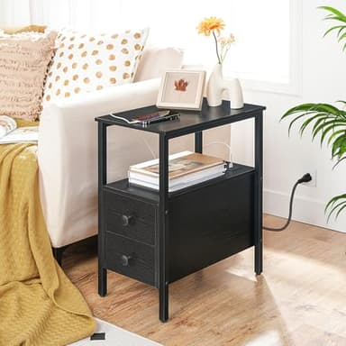 HOOBRO End Table with Charging Station, Narrow Side Table with 2 Drawer & USB Port & Power Outlets, Nightstand for Small Spaces, Stable and Sturdy, for Living Room, Bedroom, Black BK541BZ01 - Image 2