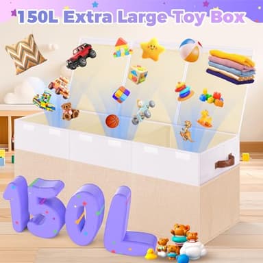 Extra Large Toy Storage Box with Lid, Collapsible Sturdy Toys Chest Storage Organizer Bin Basket with Divider for Kids, Boys, Girls, Closet, Playroom, Bedroom, Nursery, 40"X14"X16", Beige & White - Image 2