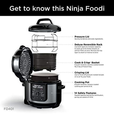 Ninja FD401 LP3 Foodi 12-in-1 Deluxe XL 8 qt. Pressure Cooker & Air Fryer that Steams, Slow Cooks, Sears, Sautés, Dehydrates & More, with 5 qt. Crisper Basket, Reversible Rack & Recipe Book, Silver - Image 4