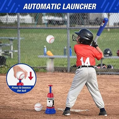 HYES 3-in-1 Baseball Set for Kids 3-5 - Tee Ball Stand, Hanging Tee, Ball Launcher and 6 Softballs - Adjustable Height, Indoor/Outdoor Sport Gifts for Boys Girls, Blue - Image 4