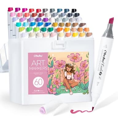 Ohuhu Alcohol Markers: Mini Brush & Slim Broad 60 Illustration Colors Dual Tip Brush Tip Alcohol-based Art Marker for Artists Adults Coloring Illustration- Refillable - Kaala B Series of Ohuhu Markers - Image 1