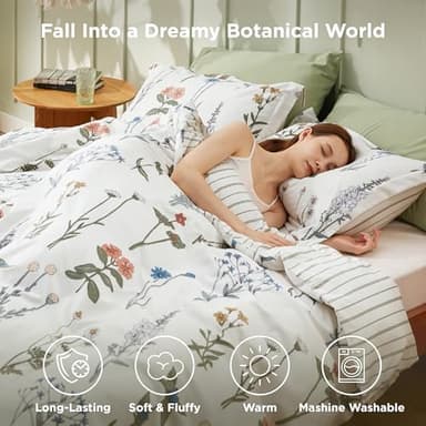 Bedsure Comforter Set Queen Size - Cute Floral Bedding Comforter Set, 3 Pieces, 1 Soft Reversible Coconut White Botanical Flowers Comforter and 2 Pillow Shams - Image 2
