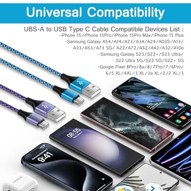 S24 Ultra USB Type C Cable Fast Charging 6FT/2Pack for Samsung Galaxy S24/S23/S22/S21/S25/S25 Ultra,3.1A USB C to USB A Cord Android Phone Car Cable Fast Charging for Google Pixel 10/9/8,iPhone 17 16 - Image 7