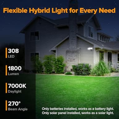 UME Hybrid Solar and Battery Powered Motion Sensor Outdoor Lights, 302 LED 1800LM, IP65 Waterproof, 3-Head Motion Activated LED Flood Lights, Energy Efficient Hybrid Security Light for Garden, Patio - Image 3