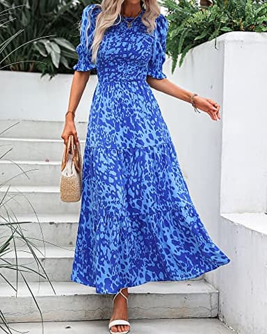 BTFBM Women Casual Summer Dresses 2025 Spring Crew Neck Ruffle Short Sleeve Floral Print Smocked Boho Flowy Maxi Dress(Print Blue, Large) - Image 6